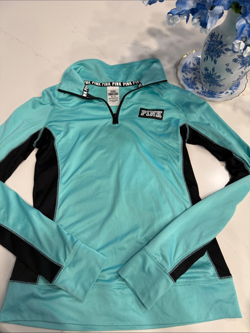 PINK Victoria's Secret Aqua and Black Quarter-Zip Pullover